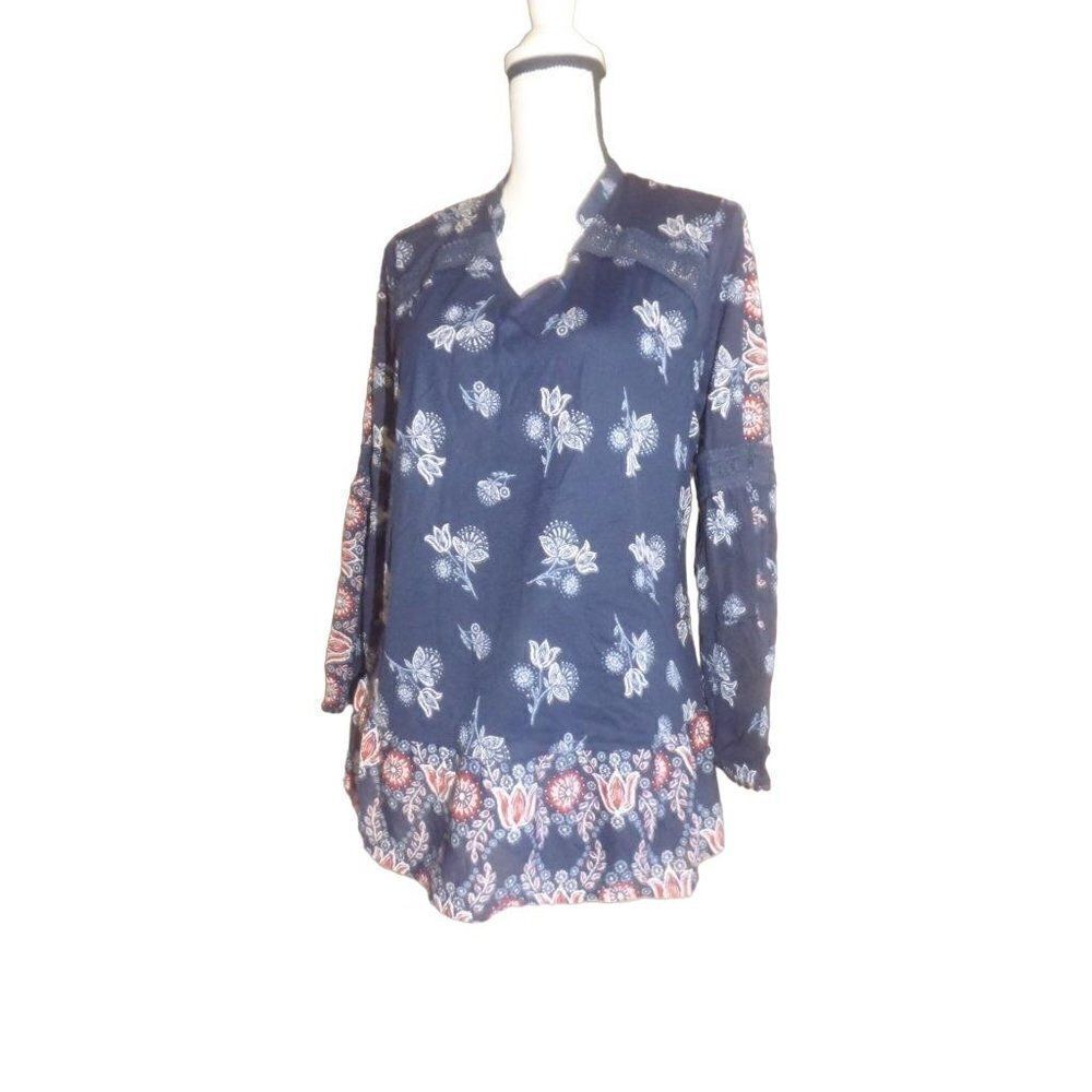 Style&Co Polish Wonder Ruffle Hemline Crochet Trim Printed Peasant Top, XS, Navy